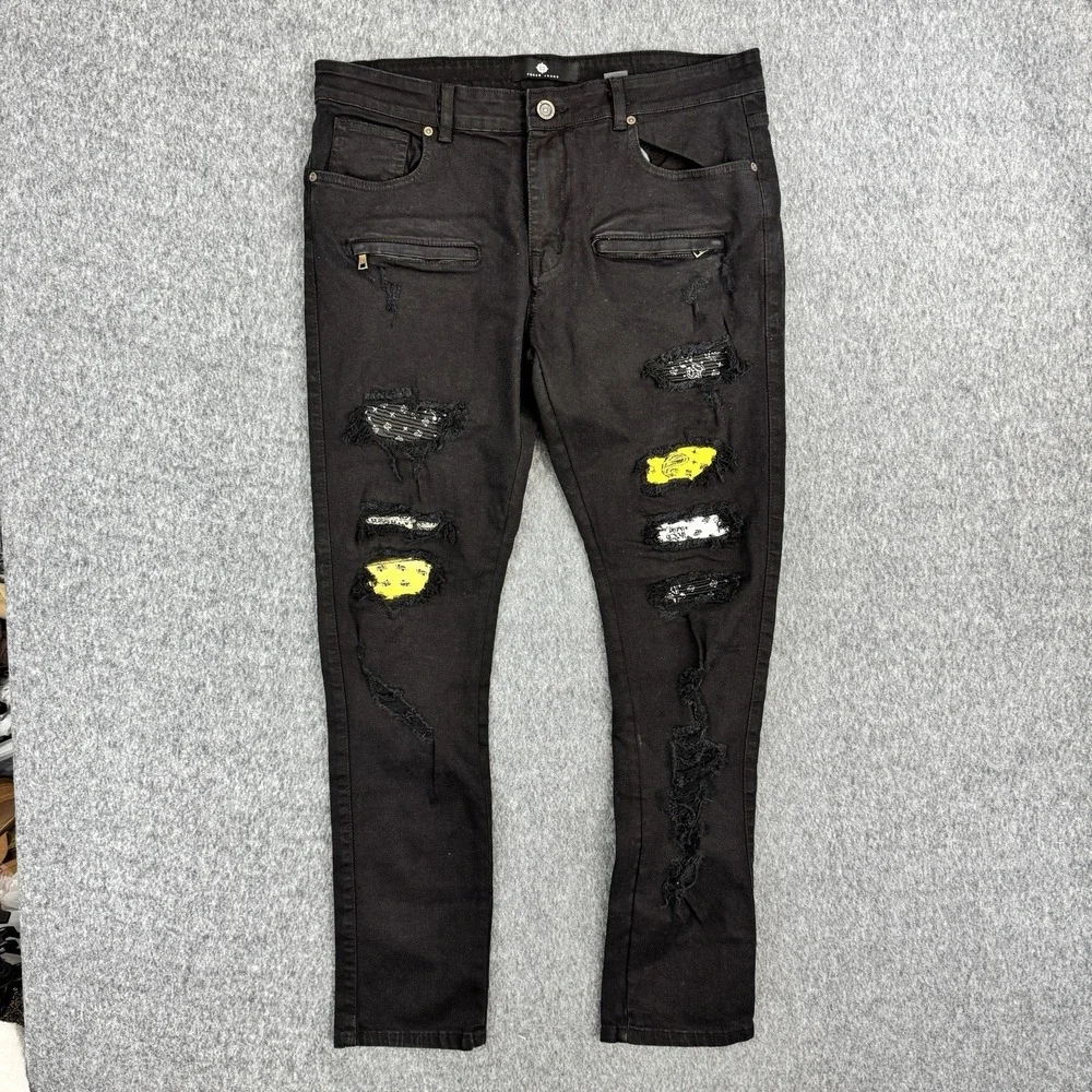 Focus Jeans Black Distressed Moto Biker Jeans Slim Fit 36x32 Stretch Street Wear